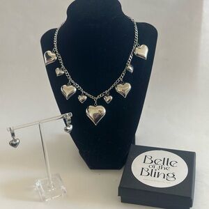Valentine’s Day Stainless Steel Heart Necklace and Earring Set puffy heart